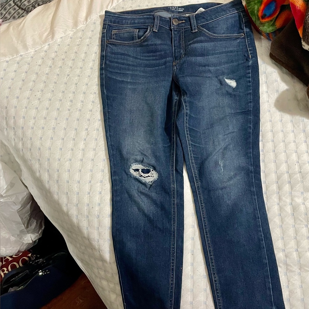 Time and Tru Dark Blue Distressed Skinny Jeans